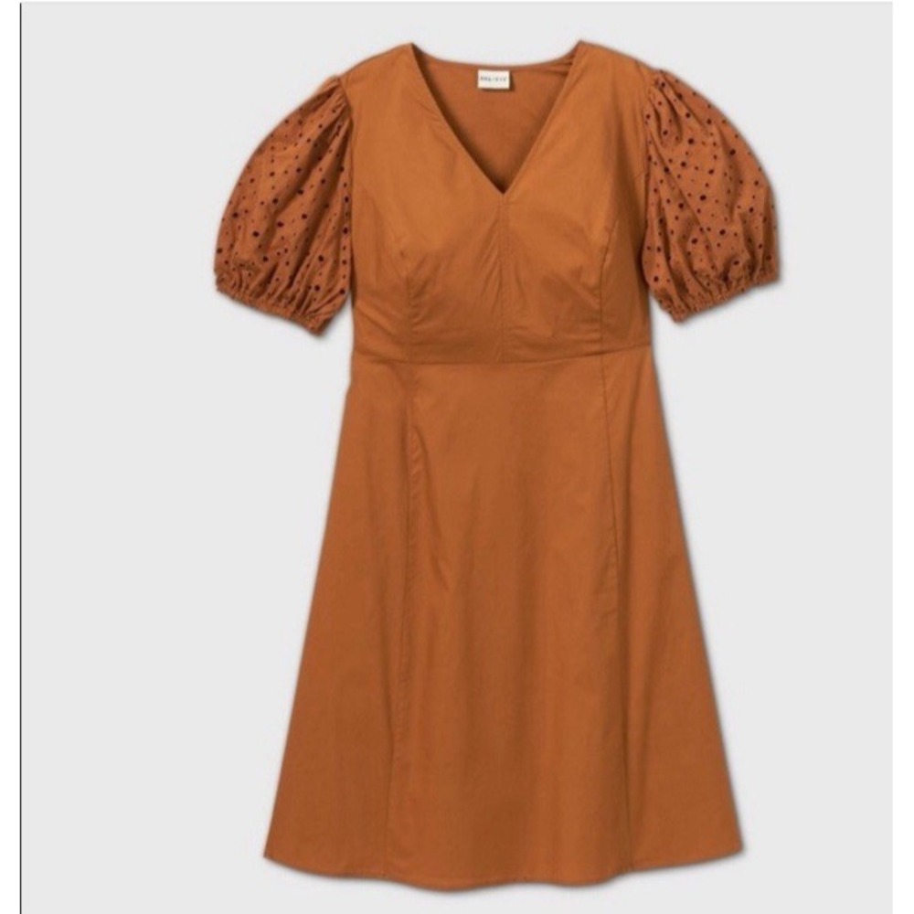Ava & Viv Burnt Orange Midi Dress with Eyelet Puff Sleeves